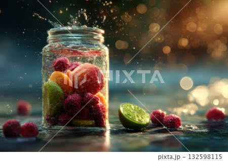 Fresh Fruit Still Life in Glass Jar with Splashes and Bokeh Background 132598115