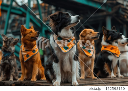 Heartwarming Group Shot of Shelter Dogs in Colorful Bandanas at Outdoor Location 132598130
