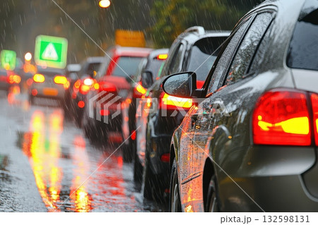 Rainy Evening Traffic Jam in City with Cars Stuck in Line on Wet Road 132598131