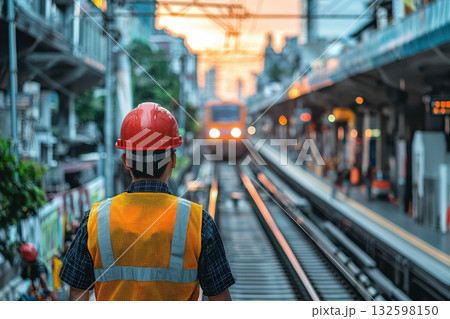 Railway Maintenance Worker in Red Hard Hat Overseeing Train Operations 132598150