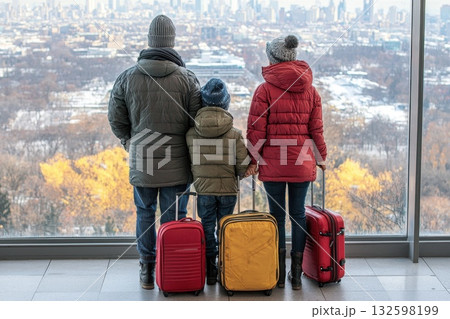 A family of four is standing in front of a window with their luggage A family of four is standing in front of a window with their luggage 132598199