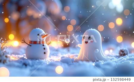 Little Ghost Playing Snowball with Snowman Ghost 132598449