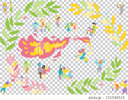 希望の炎を囲み、声援を送る人々のトーチラン — 多様な人が希望をつなぐシンボルイラスト 132598525