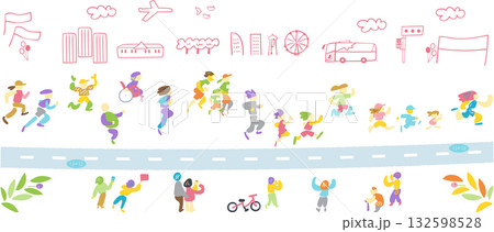街を駆け抜ける多様な市民ランナー — 希望と未来を走り続ける象徴的イラスト 132598528