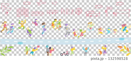 街を駆け抜ける多様な市民ランナー — 希望と未来を走り続ける象徴的イラスト 132598528