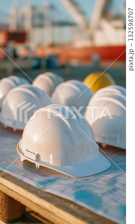 White Safety Helmets on Construction Blueprint White Safety Helmets on Construction Blueprint 132598707