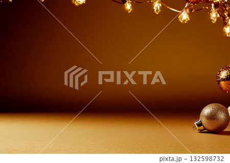 Christmas ornaments and lights on golden background Christmas ornaments and lights on golden background 132598732