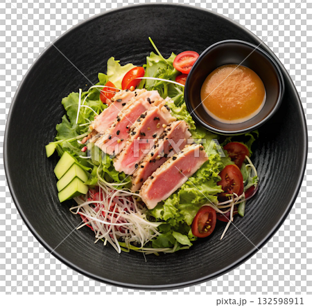 salad with avocado, tomato, onion, olives and sauce 132598911