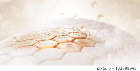3d dry skin cells with redness and gold oil drops. Epidermis layer with red damaged spot, floating yellow fluid bubbles. Moisture, treatment of acne, rosacea, couperose or dermatitis. 3D illustration 3d dry skin cells with redness and gold oil drops. Epidermis layer with red damaged spot, floating yellow fluid bubbles. Moisture, treatment of acne, rosacea, couperose or dermatitis. 3D illustration 132598943