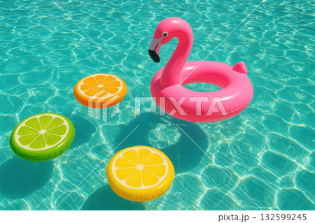 Playful neon pink flamingo float and citrus inflatable toys float on turquoise swimming pool water. bright sunlight shimmer creates fun, tropical vacation scene Playful neon pink flamingo float and citrus inflatable toys float on turquoise swimming pool water. bright sunlight shimmer creates fun, tropical vacation scene 132599245