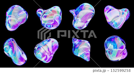 3d liquid glass holographic drops set. Abstract blobs with pink purple turquoise blue gradient, iridescent heart, shell shape. Bright fluid elements, glossy bubbles isolated on black. 3D illustration 3d liquid glass holographic drops set. Abstract blobs with pink purple turquoise blue gradient, iridescent heart, shell shape. Bright fluid elements, glossy bubbles isolated on black. 3D illustration 132599258