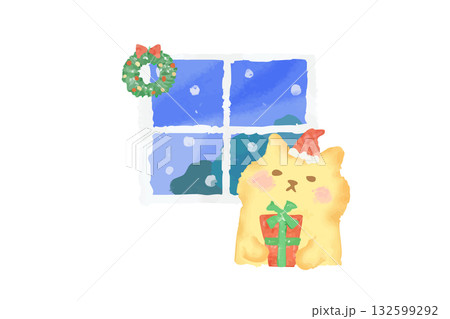 冬 クリスマスプレゼントを持つかわいい猫の水彩イラスト素材 冬 クリスマスプレゼントを持つかわいい猫の水彩イラスト素材 132599292