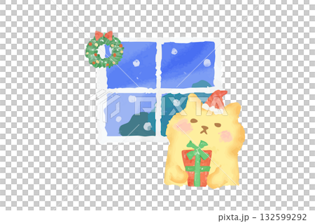 一幅描繪冬季的水彩插畫，一隻可愛的貓咪抱著一份聖誕禮物。 132599292