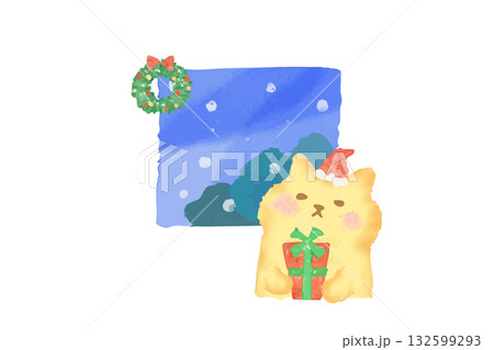 冬　クリスマスプレゼントを持つかわいい猫の水彩イラスト素材 132599293