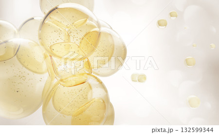 Cosmetic oil bubbles floating on light 3d background. Yellow liquid blobs, omega vitamin serum droplets, skin care collagen gel, moisture essence, keratin shampoo, retinol drops. 3D illustration Cosmetic oil bubbles floating on light 3d background. Yellow liquid blobs, omega vitamin serum droplets, skin care collagen gel, moisture essence, keratin shampoo, retinol drops. 3D illustration 132599344