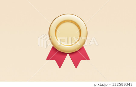 Gold Award Medal Badge with Red Ribbon Mock up. 3D Rendering. Gold Award Medal Badge with Red Ribbon Mock up. 3D Rendering. 132599345