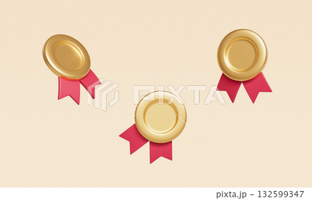 Gold Award Medal Badge with Red Ribbon Mock up. 3D Rendering. Gold Award Medal Badge with Red Ribbon Mock up. 3D Rendering. 132599347
