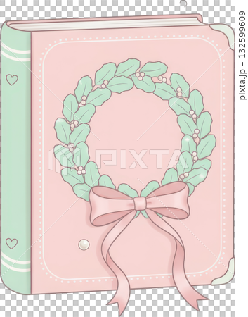 Cute pastel pink book with a festive holly wreath and bow 132599609