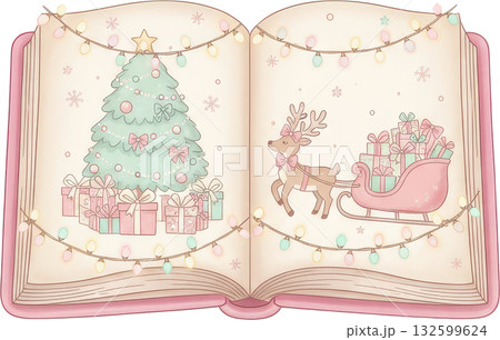 Open book with whimsical Christmas illust ns of a tree and reindeer with gifts Open book with whimsical Christmas illust ns of a tree and reindeer with gifts 132599624