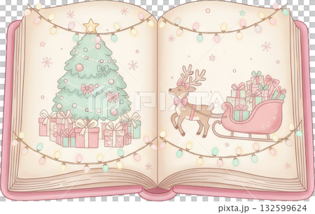 Open book with whimsical Christmas illust ns of a tree and reindeer with gifts Open book with whimsical Christmas illust ns of a tree and reindeer with gifts 132599624