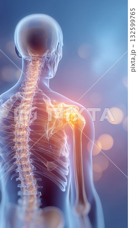 人体モデル - 頚椎や肩の痛み、治療の概念 人体モデル - 頚椎や肩の痛み、治療の概念 132599765