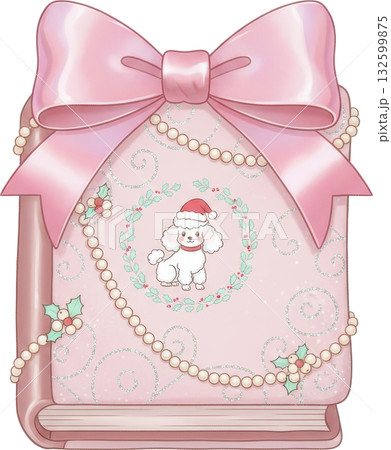 A charming Christmas themed book decorated with a pink bow and a poodle A charming Christmas themed book decorated with a pink bow and a poodle 132599875