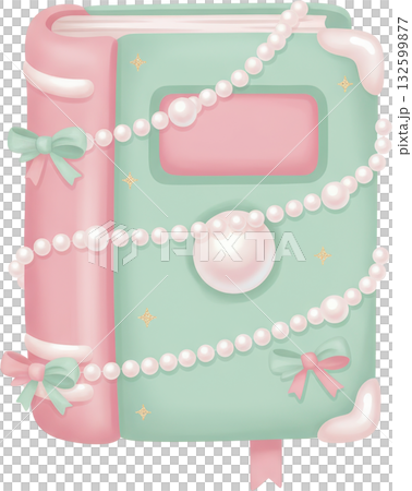 A pastel pink and mint green decorative book adorned with pearls and bows 132599877