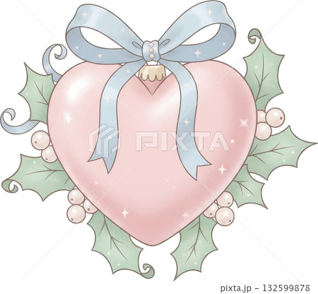 A pastel pink heart shaped Christmas ornament with holly and a blue ribbon A pastel pink heart shaped Christmas ornament with holly and a blue ribbon 132599878
