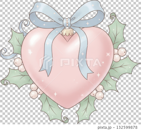 A pastel pink heart shaped Christmas ornament with holly and a blue ribbon A pastel pink heart shaped Christmas ornament with holly and a blue ribbon 132599878