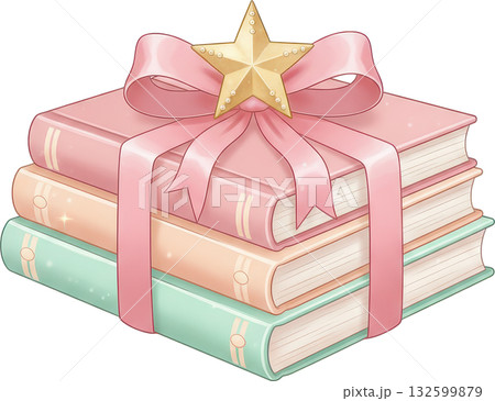 A stack of pastel books tied with a ribbon and star ornament as a gift A stack of pastel books tied with a ribbon and star ornament as a gift 132599879