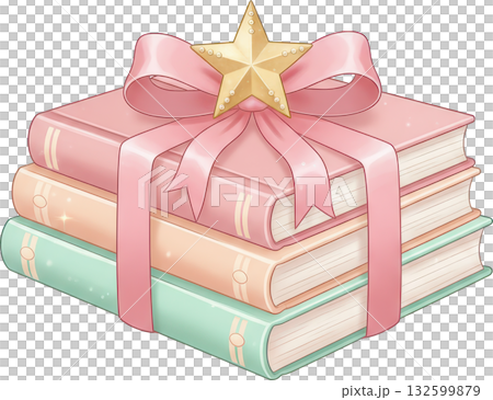 A stack of pastel books tied with a ribbon and star ornament as a gift A stack of pastel books tied with a ribbon and star ornament as a gift 132599879