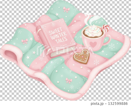 Cozy pastel winter scene with book hot chocolate and gingerbread cookie Cozy pastel winter scene with book hot chocolate and gingerbread cookie 132599886