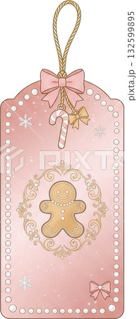 Pink Christmas gift tag with gingerbread man candy cane and festive details 132599895