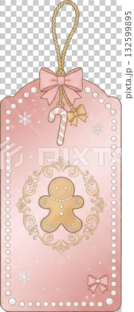 Pink Christmas gift tag with gingerbread man candy cane and festive details 132599895