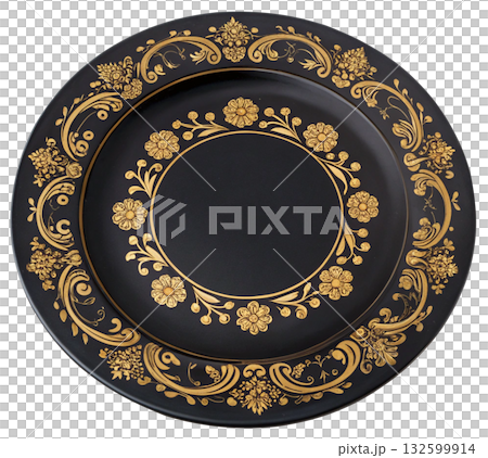 black plate decorated with gold floral circle 132599914