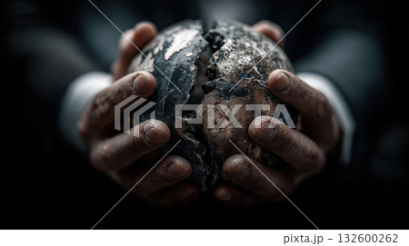 Cracked globe held by politicians in suits, symbolizing geopolitical conflict, economic control, and global tension 132600262