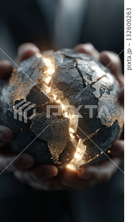 Cracked globe, glowing fissure, held by politicians in suits, symbolizing global conflict and environmental crisis 132600263