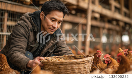 Asian man feeding chicken farm with grains, wearing brown jacket, surrounded by hens in outdoor rural setting, natural light, calm mood 132600283