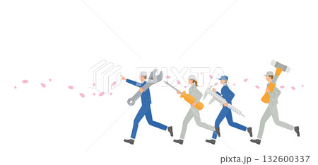 大きな工具を持って走る作業員　桜の下のチームワークと新年度のイメージ 132600337