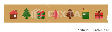ツリーやプレゼント柄の一切れのマスキングテープ　クリスマス　水彩　絵本 132600448