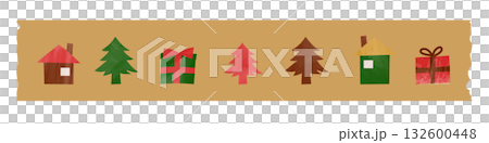 A piece of masking tape with a tree and gift pattern. Christmas watercolor picture book. A piece of masking tape with a tree and gift pattern. Christmas watercolor picture book. 132600448