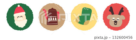 サンタクロース　トナカイ　靴下　ポット　クリスマスの手書きタッチのシール風素材 132600456