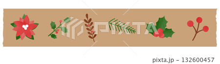 クリスマスの植物のおしゃれなマスキングテープ素材 ポインセチア 柊 クリスマスの植物のおしゃれなマスキングテープ素材 ポインセチア 柊 132600457