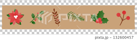 クリスマスの植物のおしゃれなマスキングテープ素材 ポインセチア 柊 クリスマスの植物のおしゃれなマスキングテープ素材 ポインセチア 柊 132600457