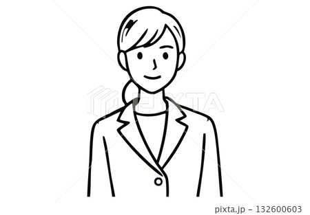 スーツ姿で微笑むビジネスウーマン（上半身・モノクロ線画） 132600603