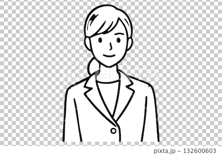 スーツ姿で微笑むビジネスウーマン（上半身・モノクロ線画） 132600603