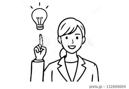 ひらめいた表情のビジネスウーマンと電球アイコン(上半身・モノクロ線画) ひらめいた表情のビジネスウーマンと電球アイコン(上半身・モノクロ線画) 132600604