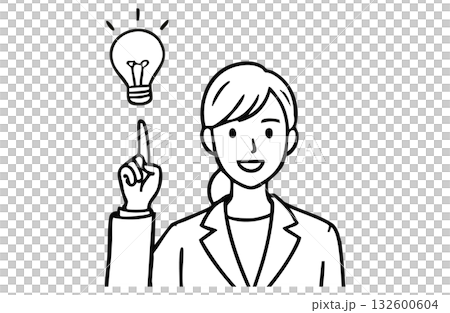 ひらめいた表情のビジネスウーマンと電球アイコン(上半身・モノクロ線画) ひらめいた表情のビジネスウーマンと電球アイコン(上半身・モノクロ線画) 132600604