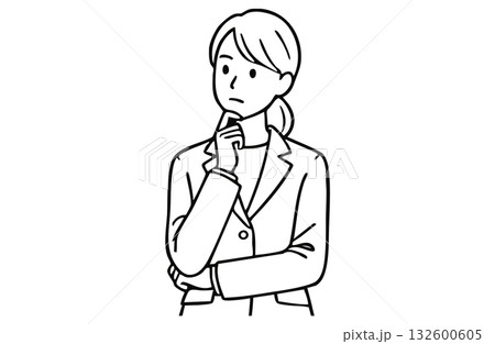 考え込むポーズのビジネスウーマン（上半身・モノクロ線画） 132600605