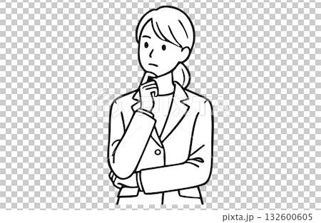 考え込むポーズのビジネスウーマン（上半身・モノクロ線画） 132600605